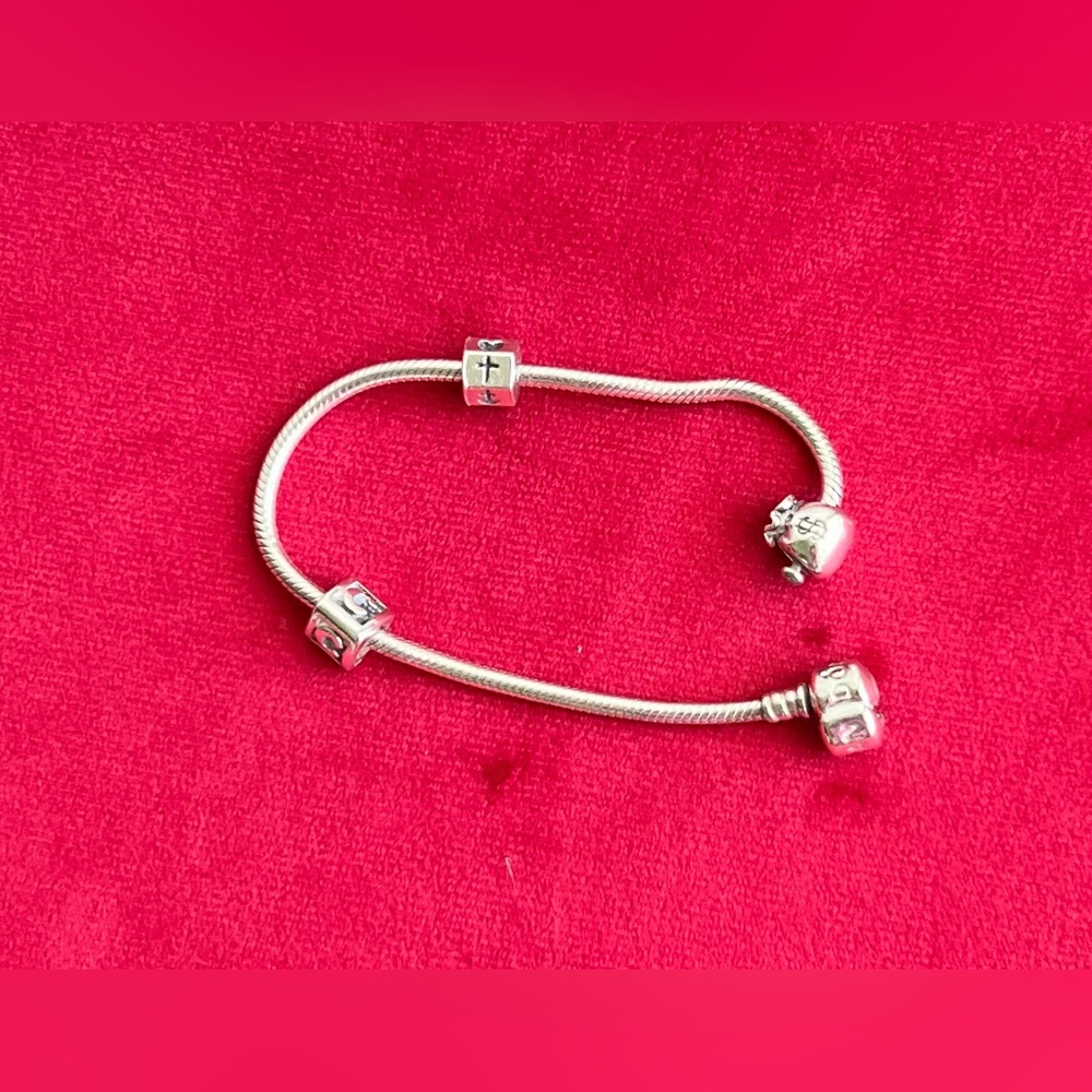 Authentic Pandora Snake Chain Bracelet With 3 Charms.